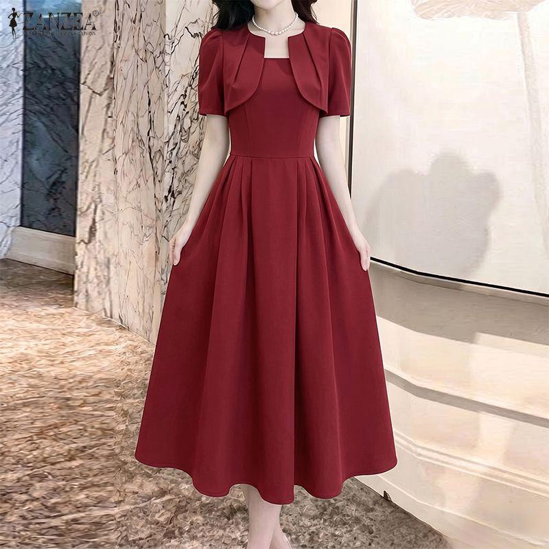 ZANZEA Women Elegant Casual Round Neck Short Sleeve A-line Dress