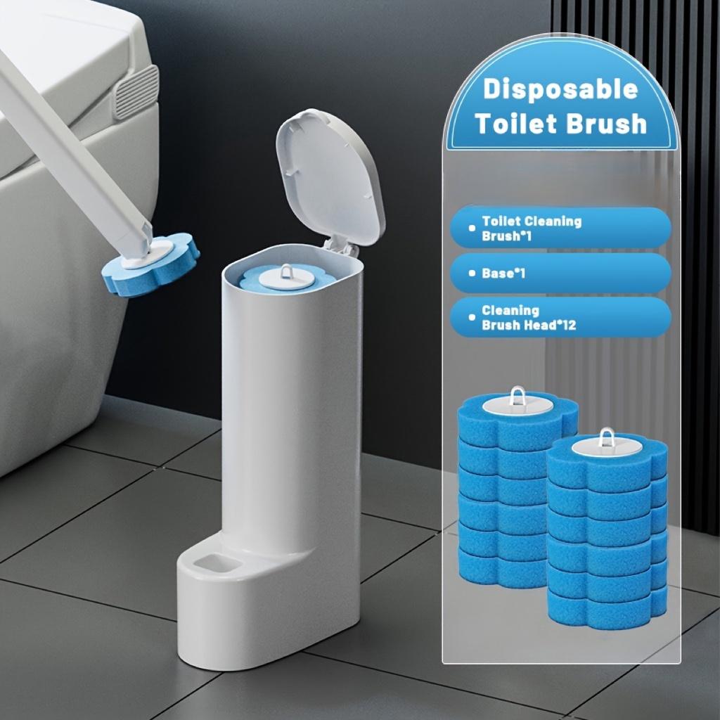 Disposable Toilet Brush with 12 Replacement Heads and Holder, Plastic Bathroom Cleaning Set with Soft Bristles, No-Dead-Angle, Base Included