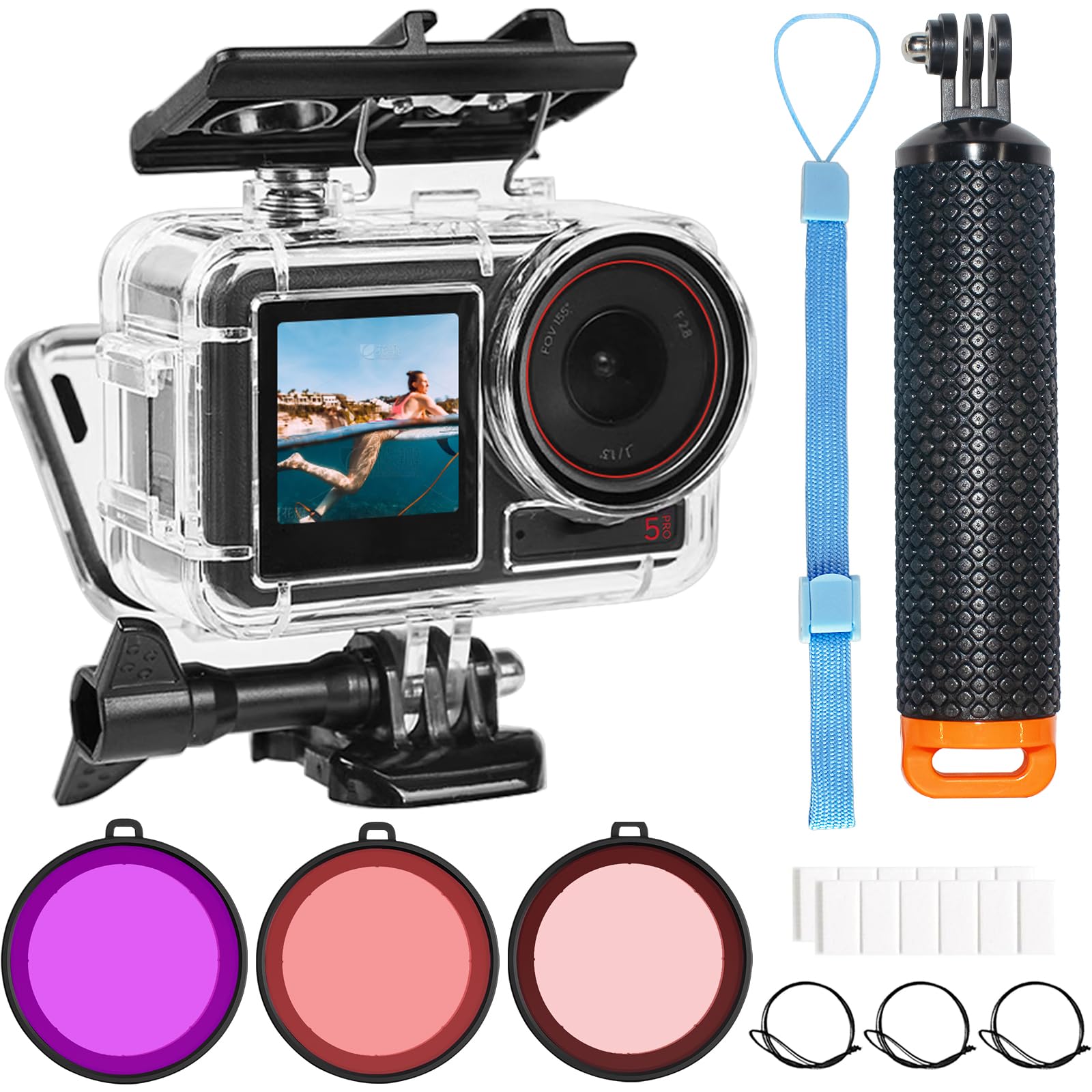 

OKFUN Underwater Waterproof Housing Case for DJI OSMO Action 5 Pro Action 4 Action 3 with 3 Pack Protective Dive Shell for Monopod Floating Hand Grip