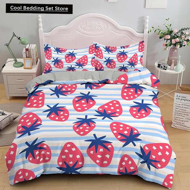 Red Strawberry Cute Bedding Set 3D Pink Lovely Summer Fruit Duvet Cover King Queen For Kids Girls 2/3Pcs Polyester Quilt Cover