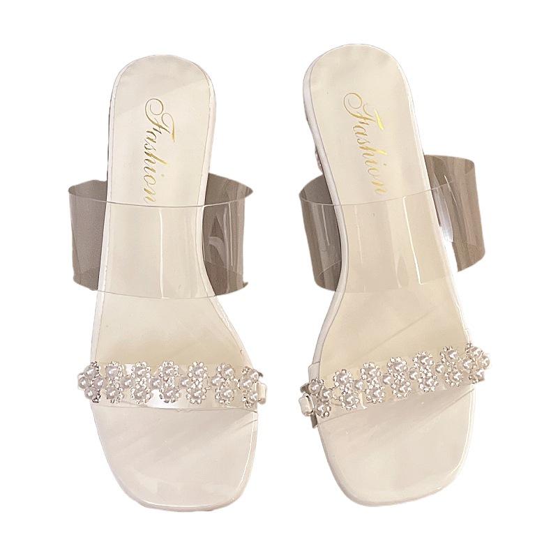 Beautiful High-heeled One-word Slippers for Women's Summer Wear 2025 New Fashion Fairy Style Transparent Thick-heeled Cool Slippers Female Tide