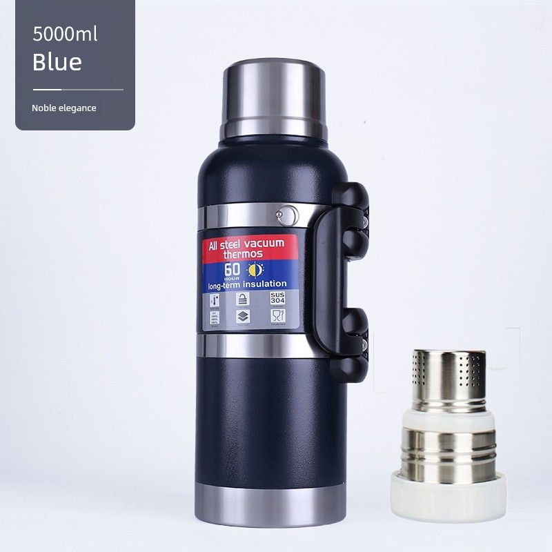 Russian All-Steel Thermos Pot Stainless Steel Thermos Bottle 4L Super Large Capacity Thermos Cup Outdoor Travel Hot Water Bottle 5L Deep Blue 5000ml Water Bottle with Carrying Strap