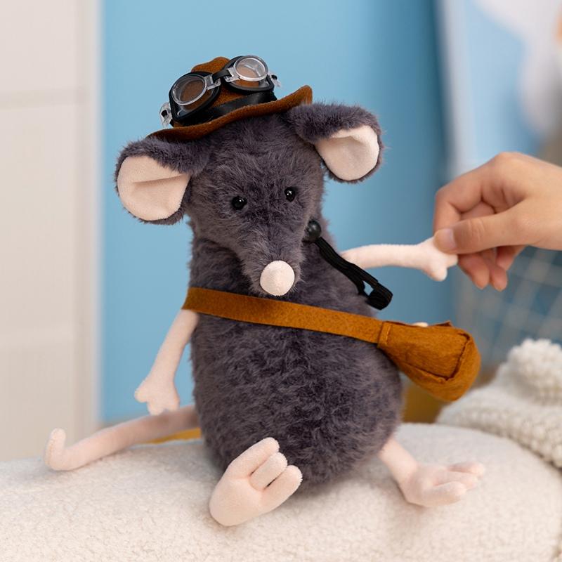 1Pc 25Cm Kawaii Sad Mouse Plush Toy Lovely Plush Grey Mouse With Accessories Doll Wears Hat Bag Glasses Birthday Gift