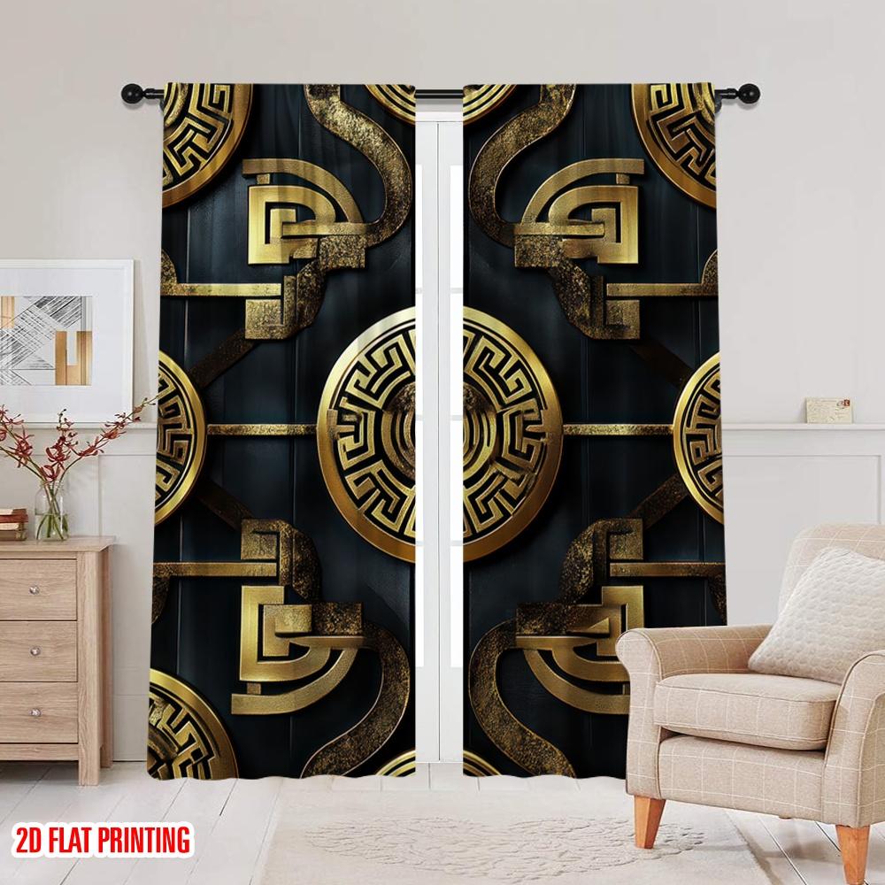 2D flat printing 2pcs Curtains Gold geometric pattern 100% Polyester,Without Electricity Holiday Decorations Suitable for