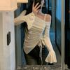 Drawstring Off Shoulder Top Slim Slanted Shoulder Top Sweet Long Sleeve Crop Top Summer