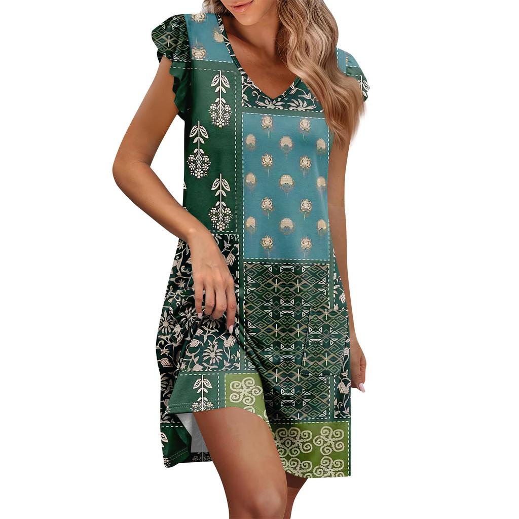 Womens Summer Dress Ruffle Sleeve V Neck Short Dresses Fashion Casual Flowy A Line Swing Sundress With Pocket