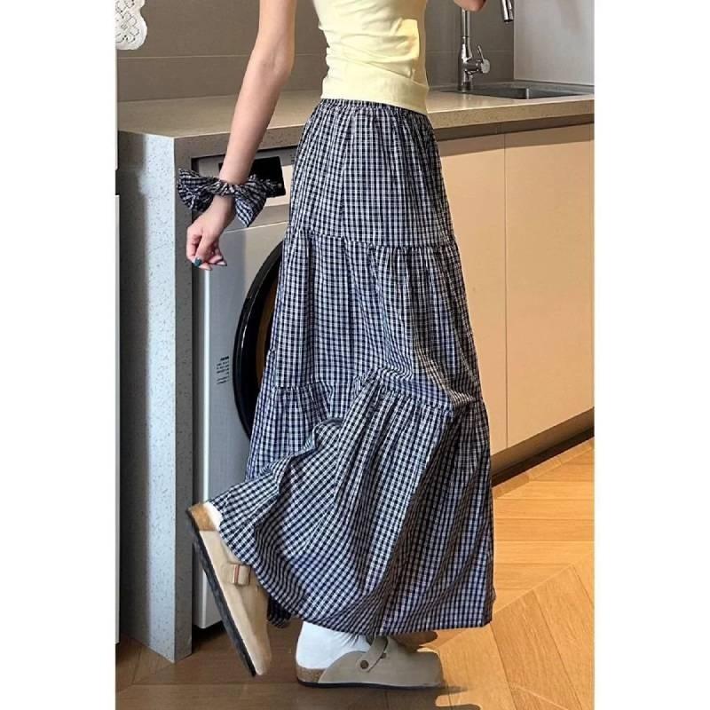Cotton Blended Plaid Midi Skirt With High Waist And Ruffle For Casual Womens Fashion