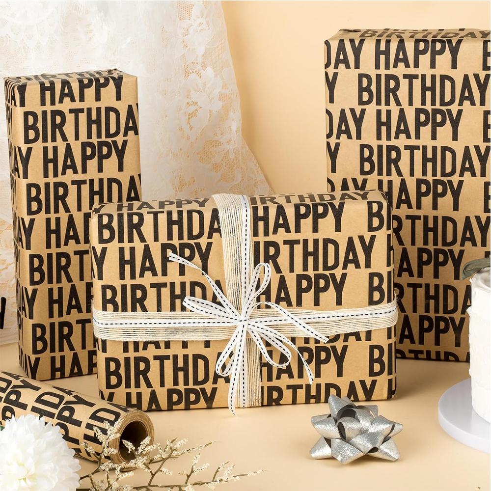 1roll Happy Birthday Gift Wrapping Paper, Vintage Striped Kraft Paper, High-Quality DIY Party Decoration, New Year Decoration