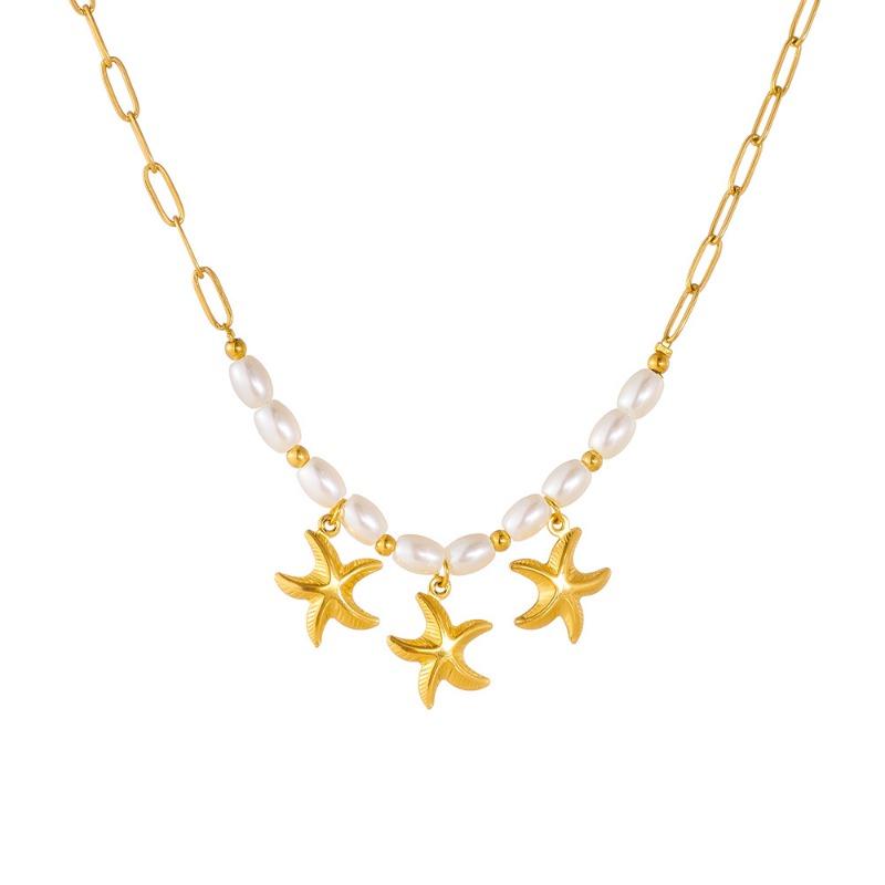 Gold Starfish Pearl Necklace Paperclip Link Chain Choker for Women Beach Theme Jewelry
