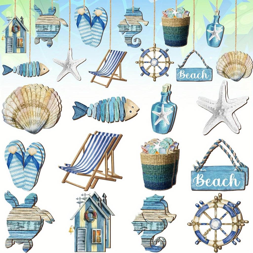 1/12/24/36pcs Summer Beach & Ocean Wooden Ornaments Set - Coastal Hanging Decor with Sea Animals for Home, Tree Parties & More