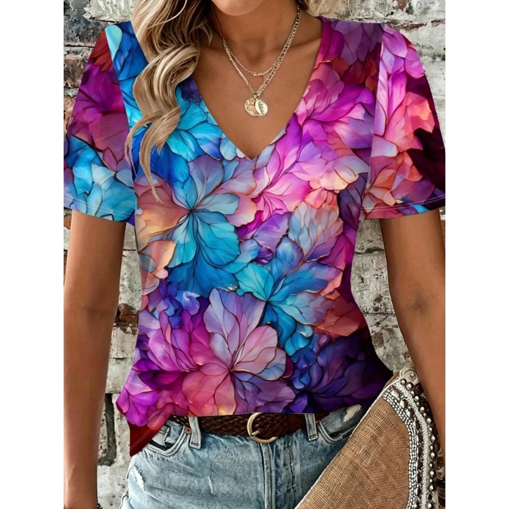 Summer Women's Fashionable T-shirt Comfortable Animal Flower 3D Printed Short Sleeved V Neck Loose Oversized Soft Breathable T-shirt