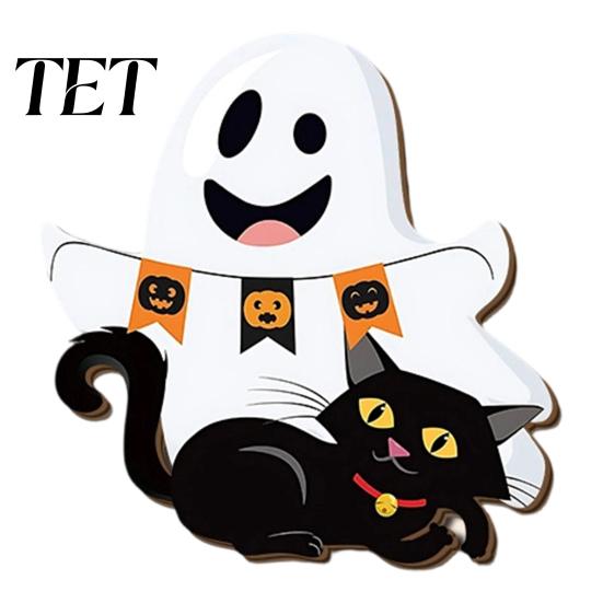 Childlike Party Supplies for Kids Cute White Ghost Wooden Door Hanger Sign with Black Cat BOO Retro Fall Seasonal Wall Art Banner, Waterproof