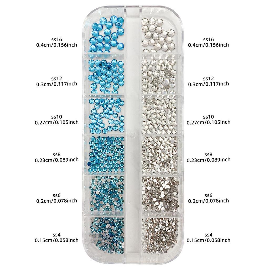 Blue Glass Nail Art Rhinestone Box Set - 12/6 Grids, Various Sizes, Flat-back Nail Decorations