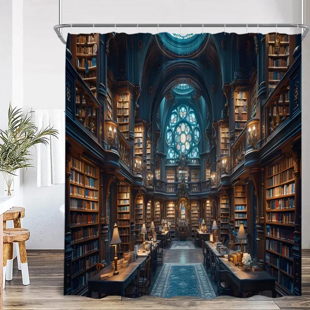 Vintage Library Shower Curtain Medieval Study Antique Castle Bath Decoration Study Theme Polyester Shower Curtain