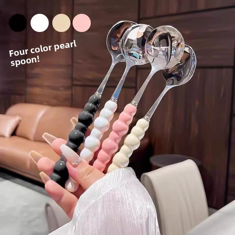 Pearl Stainless Steel Spoon with Imitation Ceramic Handle, Household Dining Spoon, High-temperature Resistant Round Spoon Spoon