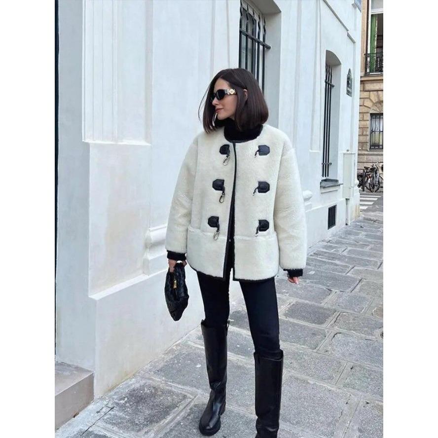 Fur Winter Thick Jackets For Women Elegant Long Sleeve Single Button Female Coat Flecce O-neck Casual Lady Panelled Overcoat