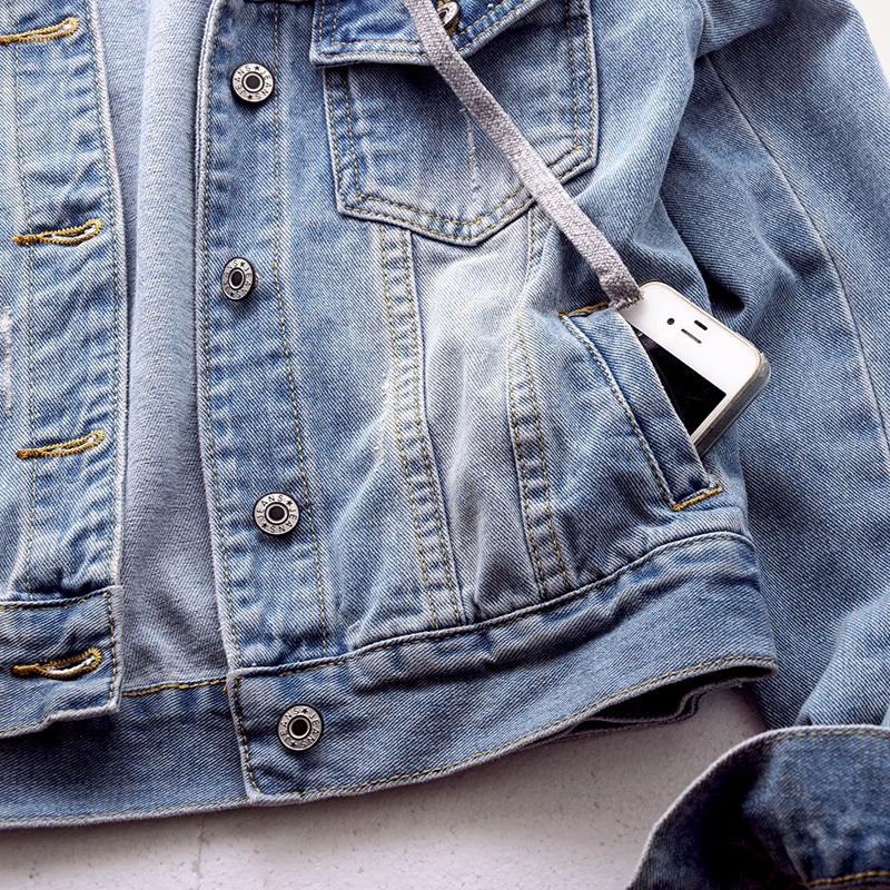 Kurtka dżinsowa damska wiosenna wersja koreańska kurtki krótkiej z długim rękawem i kapturem, pasująca do wszystkiego, z odpinanym kapeluszem