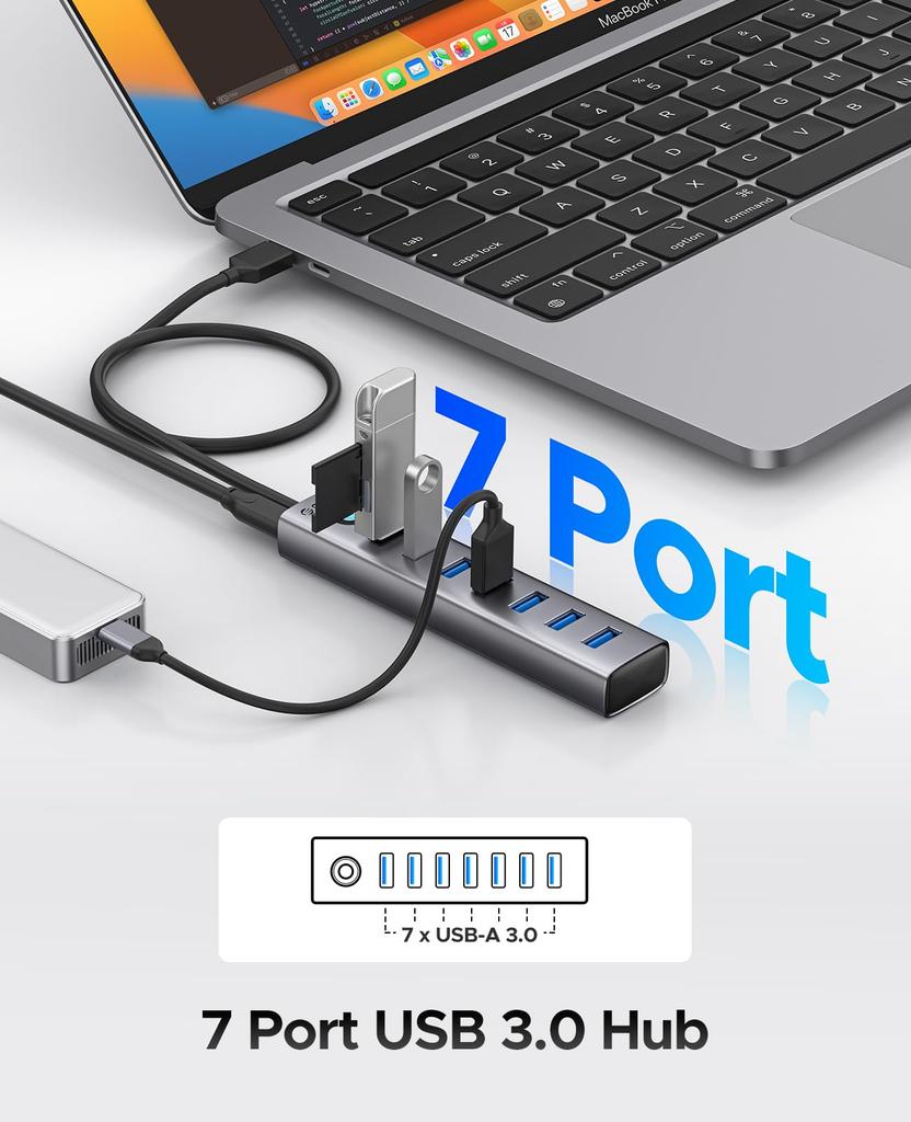 ORICO USB Aluminum Multiport 5Gbps Data 5V 3A Port Splitter for Portable Hard USB and More 7-Port 3.0 Hub, Adapter, Transfer, Type-C PC, Laptop,