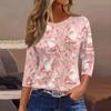 3/4 Length Sleeve Womens Tops Floral Print Vintage Fashion Casual Loose With Round Neck Plus Size Shirts