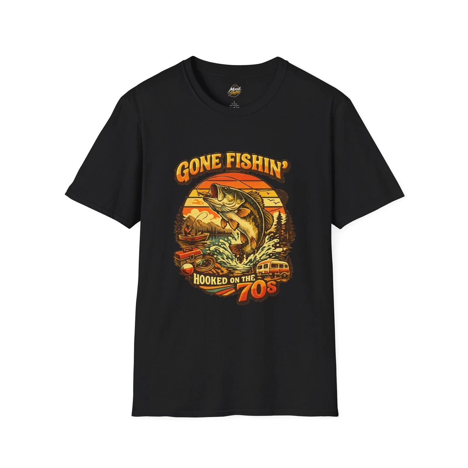 70s Style Fishing Shirt Gone Fishin Bass Retro Outdoors Angler Gift Tee 4XL