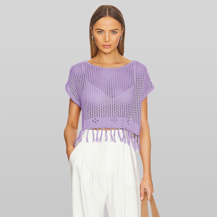 

Летняя однотонная футболка с короткими рукавами и пляжным трикотажным топом с круглым вырезом S фиолетовый