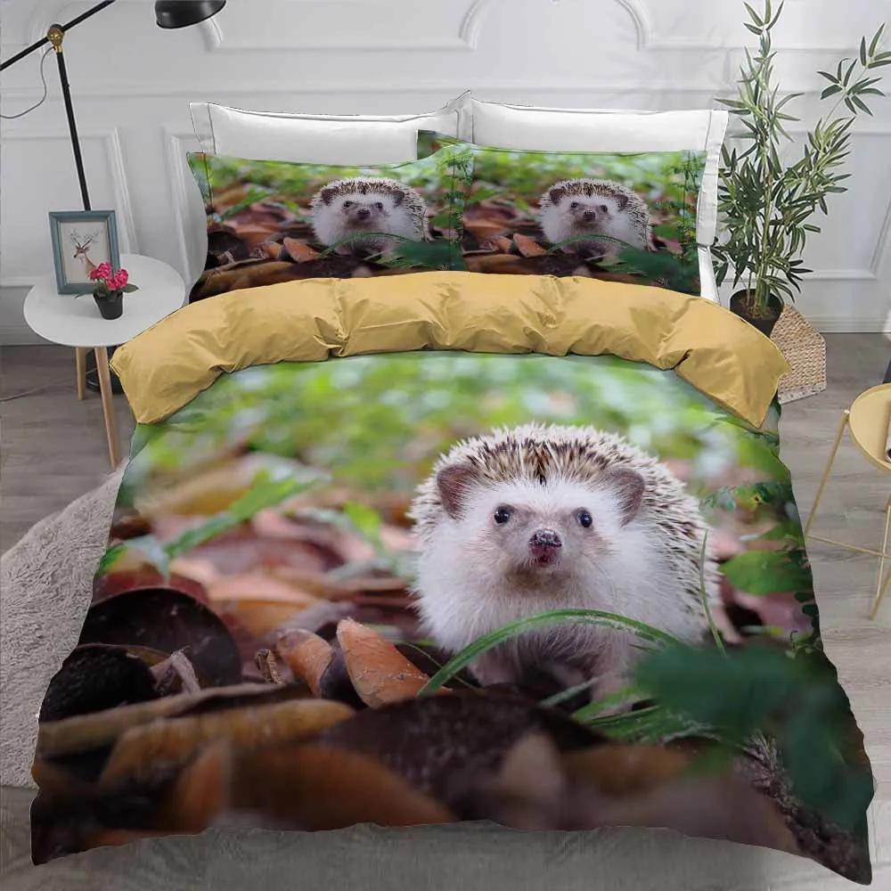 Printed Flower Hedgehog Duvet Cover Set Super Soft Comfortable 100% Polyester Bedding Set Cute Cartoon Kids Bed Linens Girl Boy