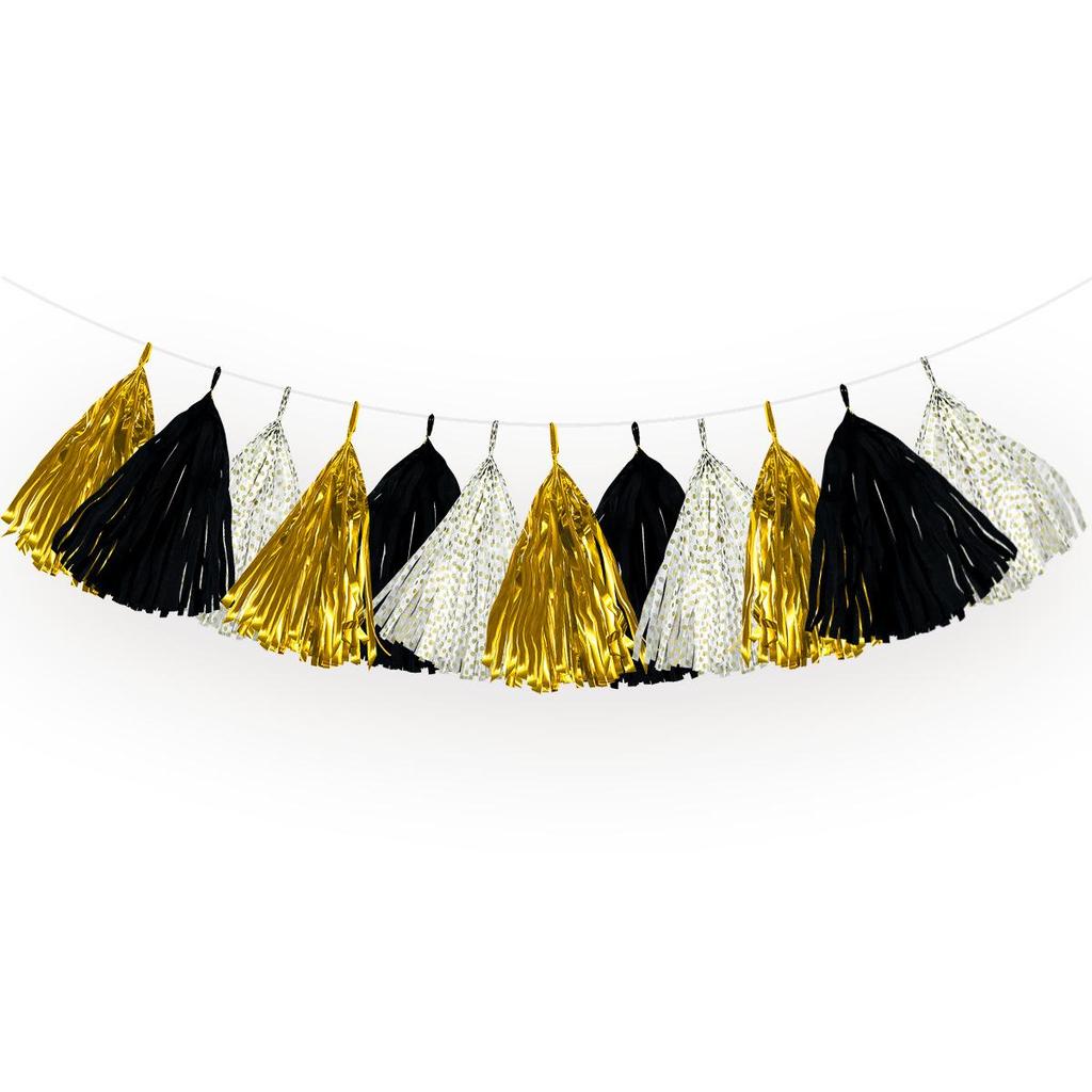 Black, Gold & White Three-Color Tassel Strands - 12 Pcs Aluminum Foil Streamers for DIY Decoration