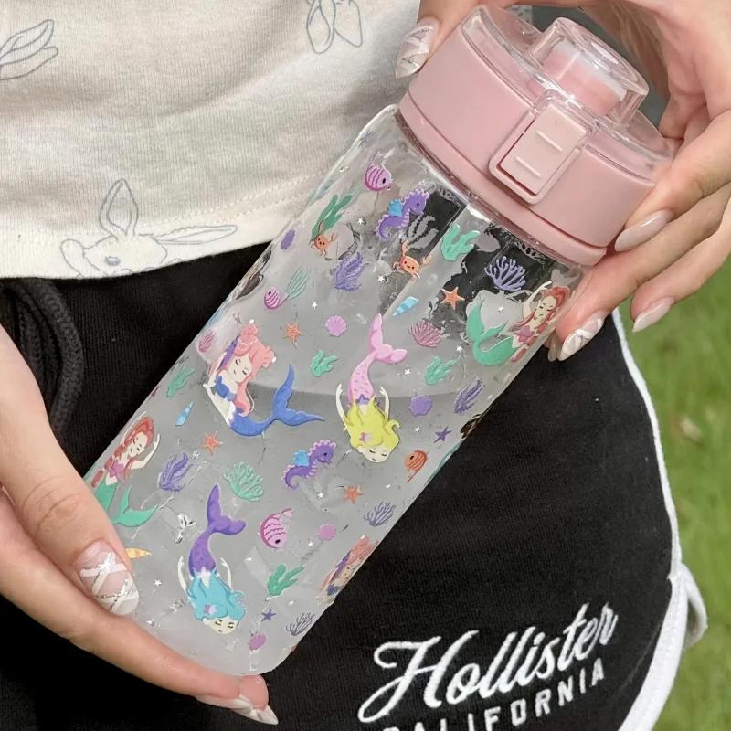 

600ML Unicorn & Mermaid Print Plastic Water Bottle With Carry Handle and Flip Lid Drinkware Outdoor Sports Gym Travel Juice Cup 600ml