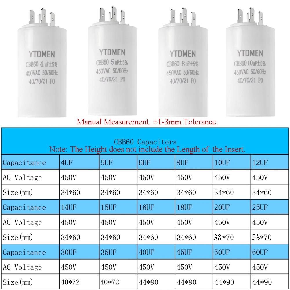 CBB60 Starting Capacitor Dual Insert Motor 4pin AC 450V Replacement Motor Run Capacitors 4UF 5UF 6UF 8UF 12UF 16UF 20UF 60UF