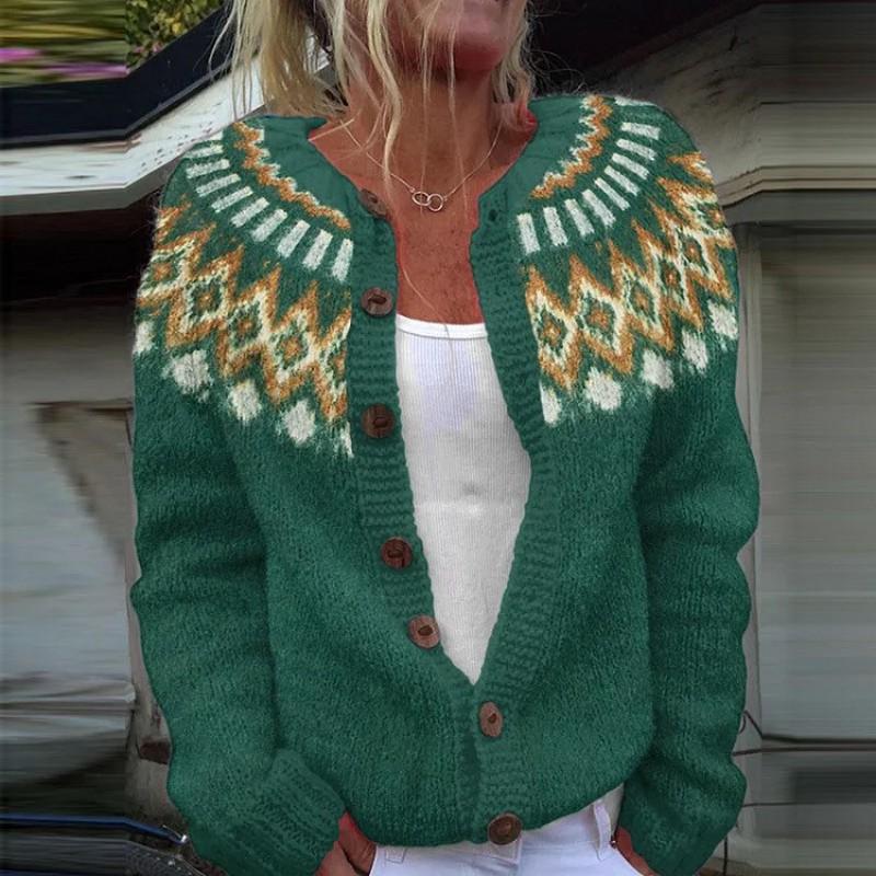 Womens Color Block Knit Cardigan Loose Fit Long Sleeve Geometric Casual Commute Style
