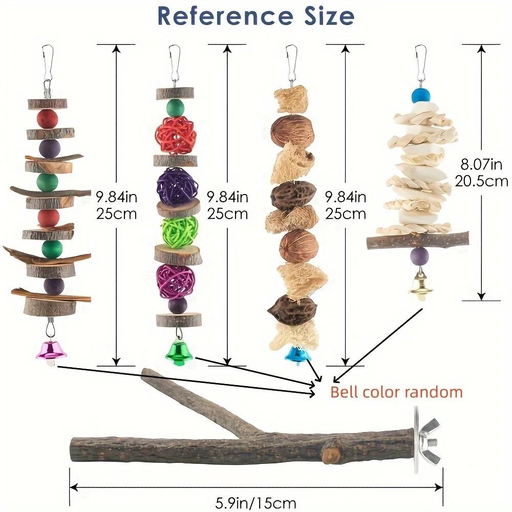 

5 шт. жевательных игрушек для птиц, попугай, игрушки из натурального дерева, подвесная клетка для попугая, подставка для жердочки для маленькой птицы, попугайчик-конуре