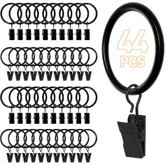 26 PCS Curtain Rings with Clips, Curtain Hooks for Drapes, Curtain Clips with Rings 1.26” Interior Diameter, Black Curtain Rings Fit Up To 1 Inch