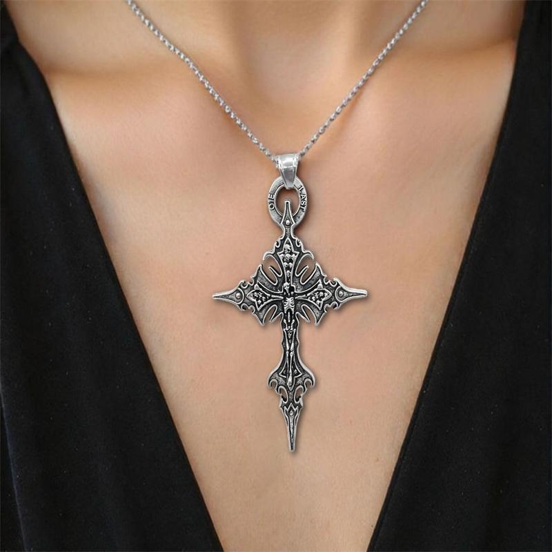 Vintage Gothic Skull Jesus Cross Pendant Necklace Catholic Jewelry Men Woman Punk Religious Amulet Necklace