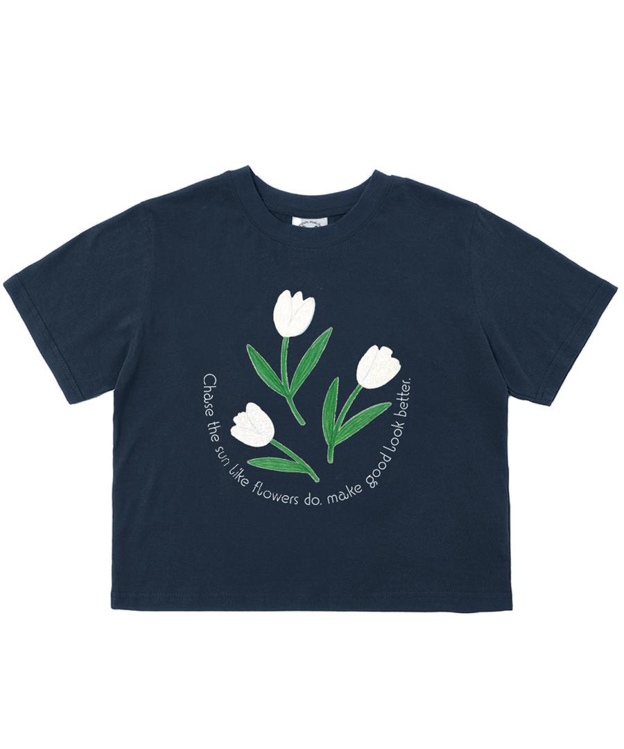 Match Glove Three Flower Crop Top (Navy) Wh/Free