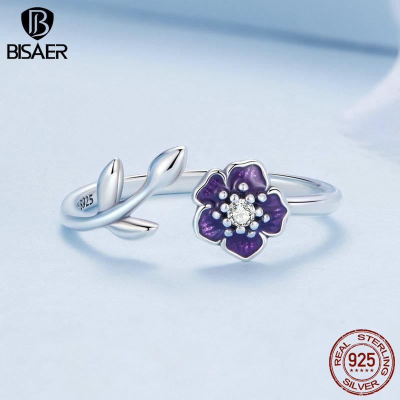 

BISAER стерлингового серебра 925 пробы фиолетовый цветок регулируемые кольца палец кольцо для элегантных женщин вечерние ювелирные изделия подарок 925 silver
