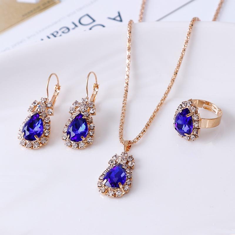 Wholesale Bridal Jewelry Set Ins Water Drop Rhinestone Necklace Earrings Ring Set