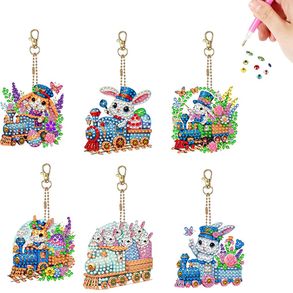 6Pcs DIY Special Shape Diamond Art Painting Keychain Kit Crystal Rhinestone Diamond Mosaic Key Chain Unique Handmade Gift