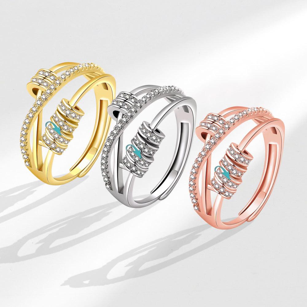 Women Spinning Zircon Five Ring Adjustable Open Band Lucky Rotating Circle Jewelry Fashion Elegant Gift