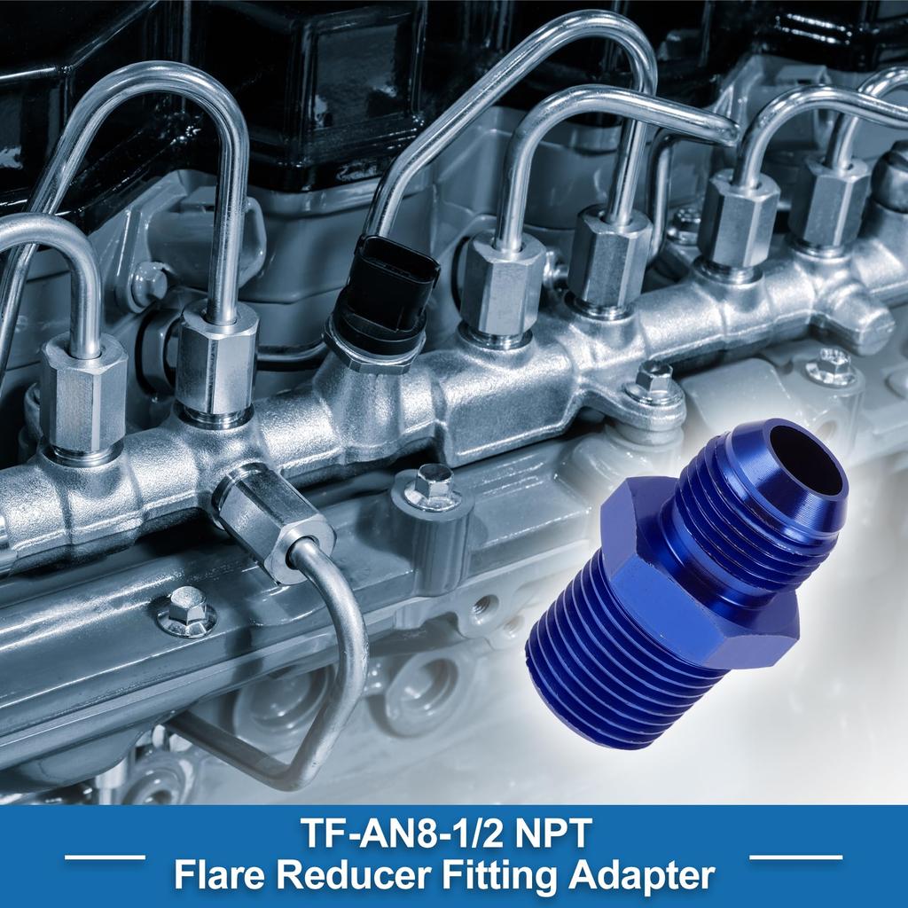 A ABSOPRO Female Flare Reducer Hose Fitting Adapter TF AN8 1/2 NPT Fuel Line Connector Aluminum Blue
