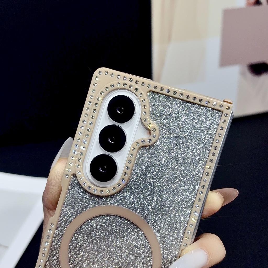 Fashion Glitter Inlaid Diamond Magnetic Phone Case For Samsung Galaxy Z Fold 7 6 5 4 3 Crystal lanyard Shockproof Slim Cover