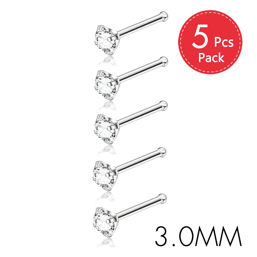 5Pcs CZ Gem Stainless Steel Nose Piercing Stud Crystal Nariz Body Jewelry S L Bone Shape Nostril Rings for Women Girl 20g 0.8mm