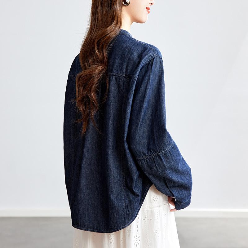Round Neck Denim Blue Shirt for Women Long Sleeve Summer New Thin Tops Literary Vintage Shirt