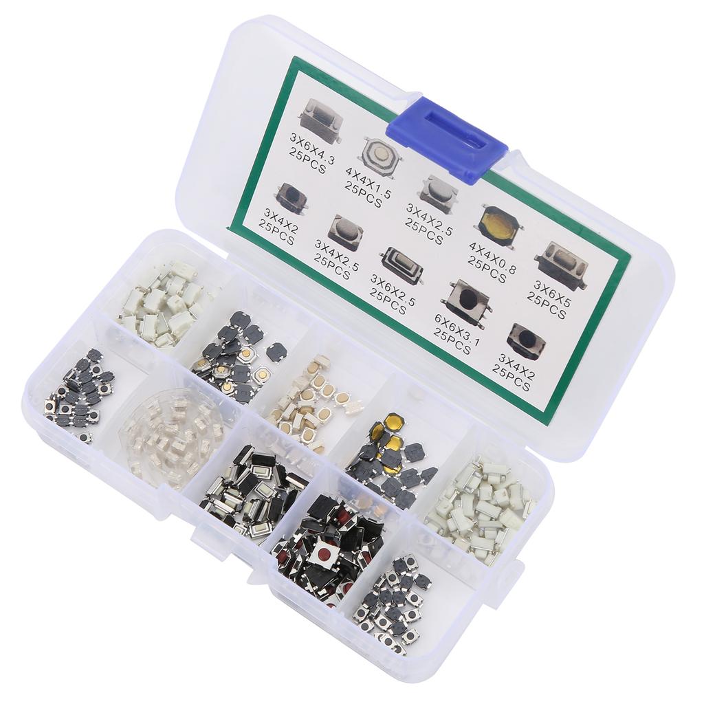 250Pcs Tactile Push Button Switch 10 Types Micro Switch Kit for DIY Electronic Products