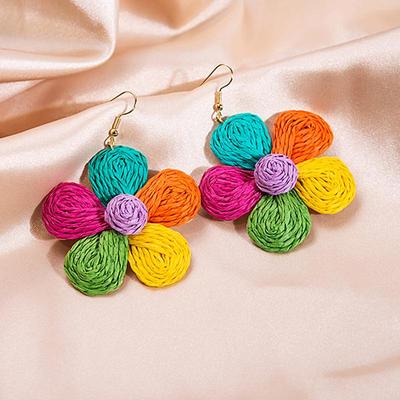 Raffia Flower Statement Earrings, Colorful and Trendy, Hand-Woven Niche Design.