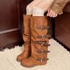 Fashion Women Stacked Long Knight Boots Retro Belt Buckle Pleated Female Shoes Brown Round Toe Leather Women's Thick Heel Knee High Bota