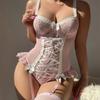 2 Piece Bandage Shapewear Women Underwear Sexy Lace Flowers Onesies Body Shaper Pink  Pure Desire Sling Strap Tops+Socks Sets