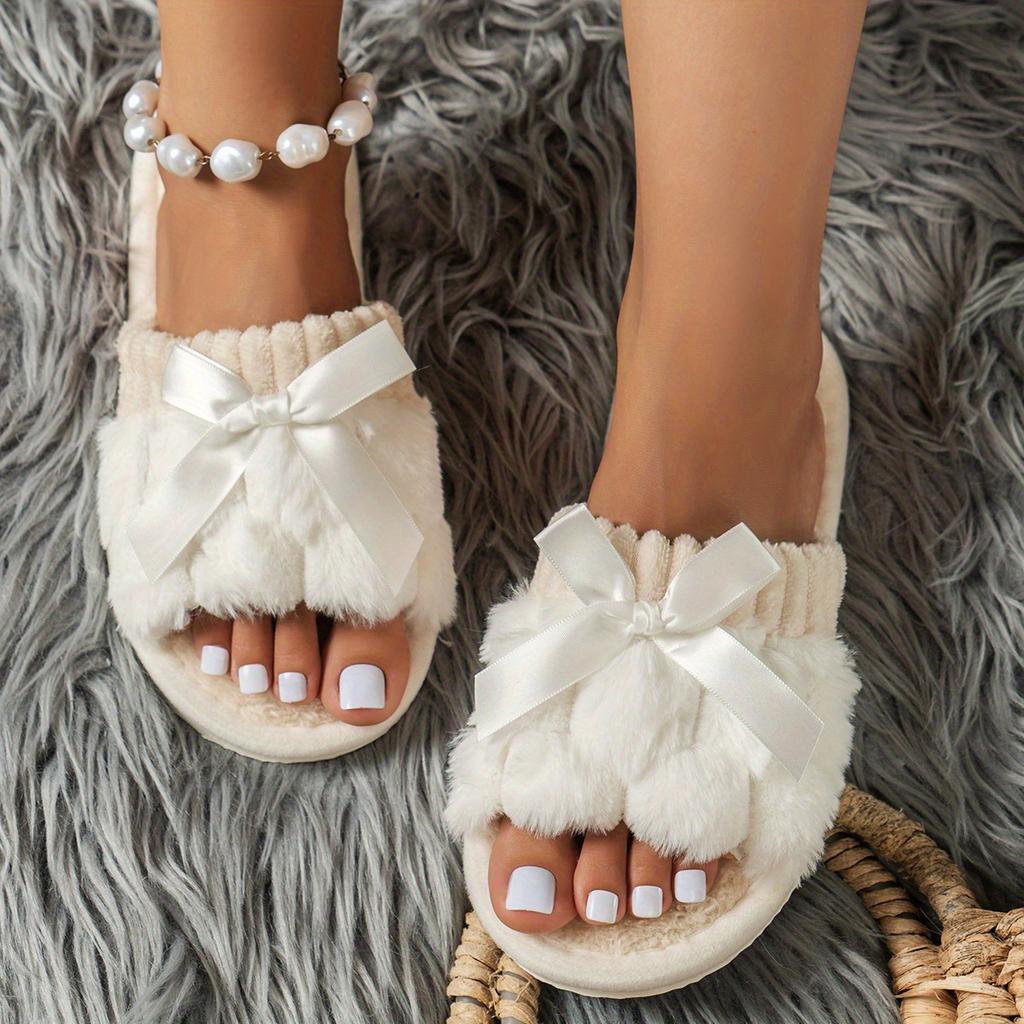 Pantofole da casa eleganti e soffici con fiocco, scarpe da camera da letto con suola morbida e foderate in peluche, pantofole mute antiscivolo