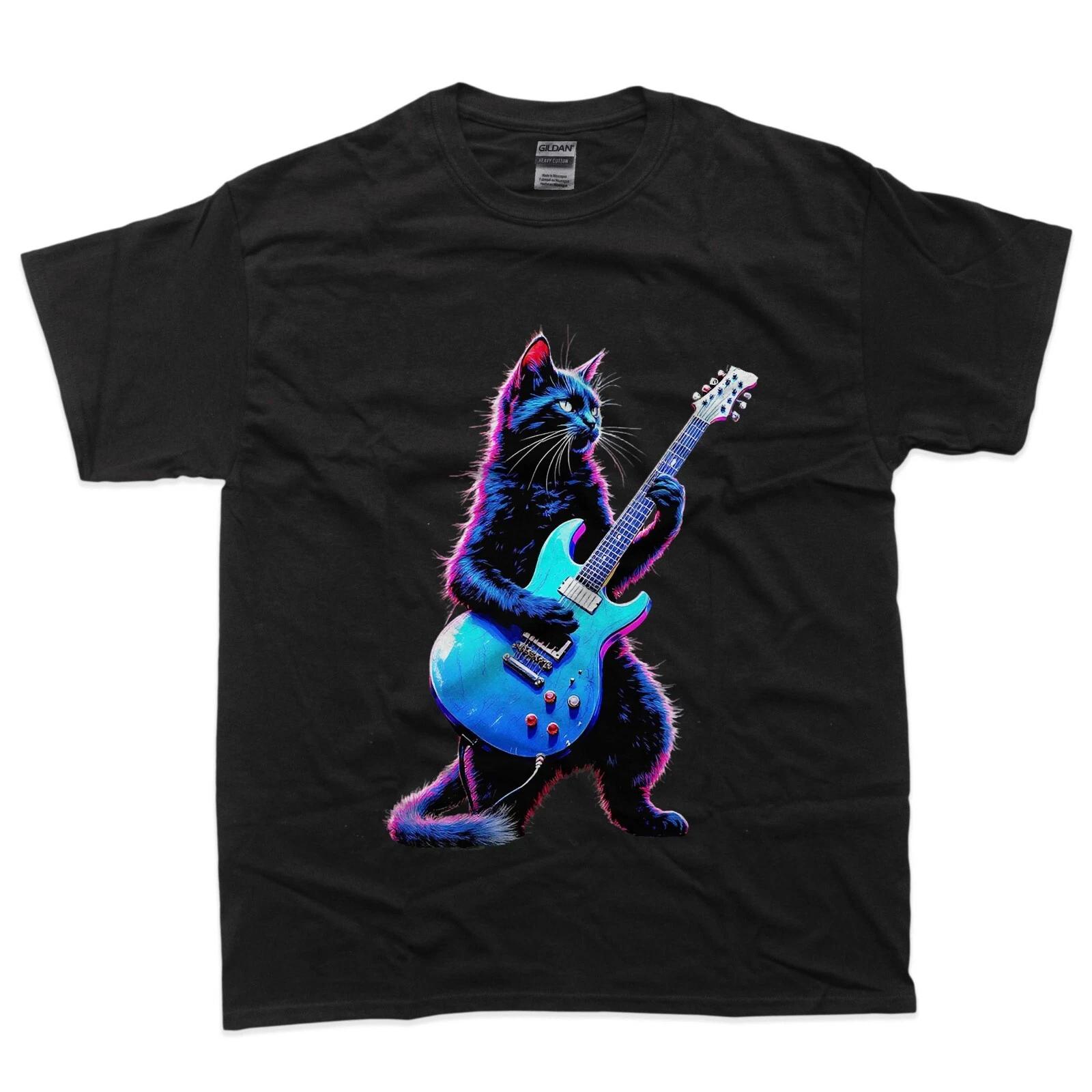Кот-рокер, играющий на гитаре, забавная футболка с котом-гитаристом S