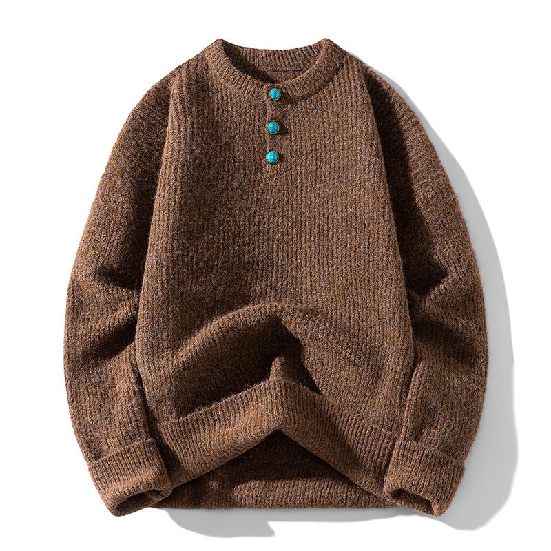 Nový podzimní a zimní svetr s kulatým výstřihem a knoflíky a pletený svetr pro muže, univerzální
