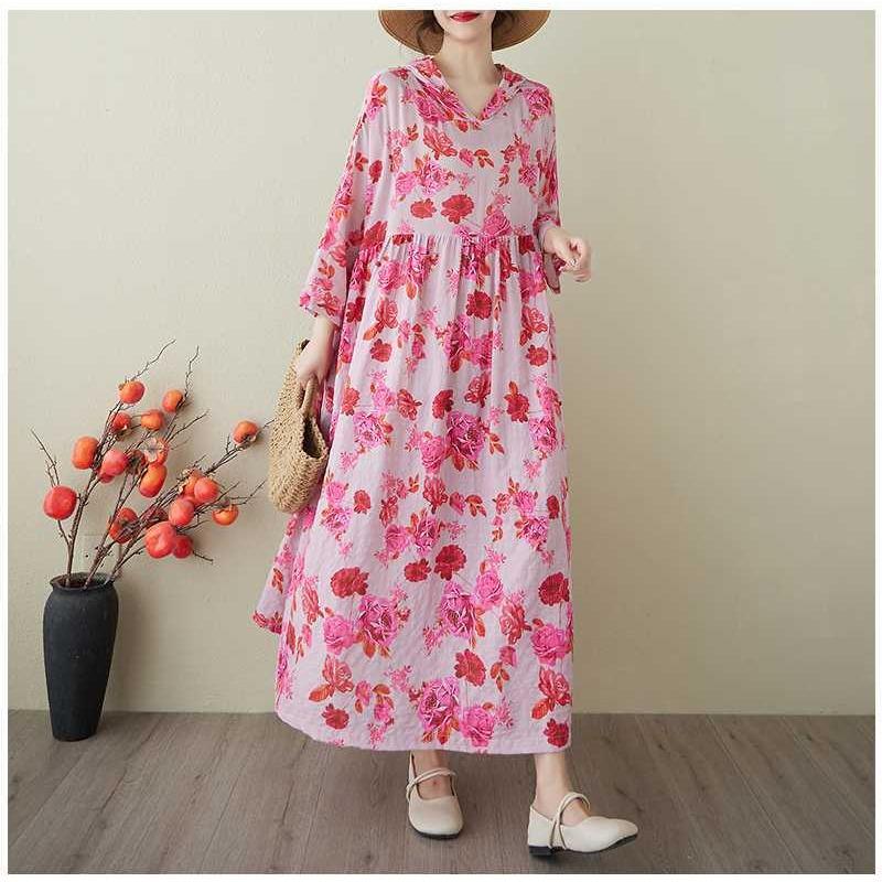 Ladies' Gentle Wind and Cloud Brocade Cotton and Hemp Hooded Printed Dress